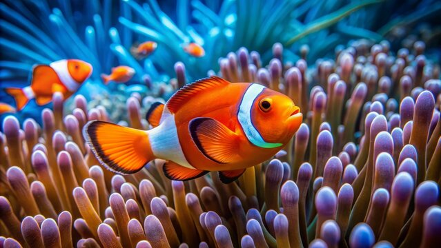 Vibrant orange clownfish with white stripes swims amidst colorful coral reef, surrounded by seaweed and schools of tiny blue fish.