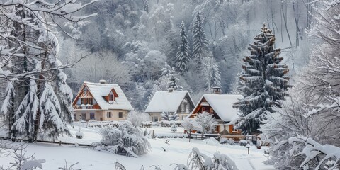 A cozy winter scene with snow-covered trees and a quaint village blanketed in white