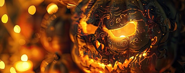 Close-up of a carved, illuminated Halloween pumpkin with intricate designs, glowing warmly in the dark with festive lights in the background.