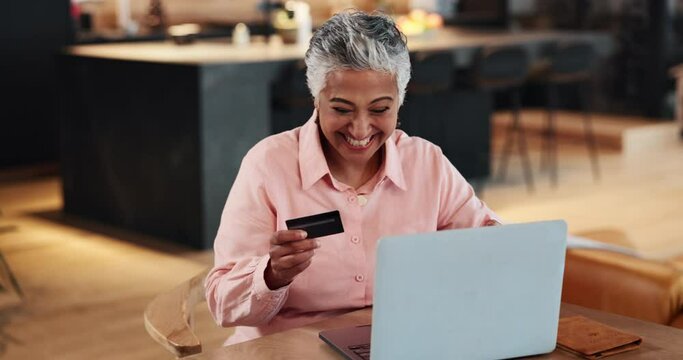 Mature, woman and credit card with laptop in home with passport for online shopping, ticket and digital purchase for vacation. Travel booking, elderly person and excited for accommodation and trip.