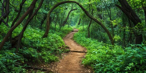 Obraz premium A scenic hiking trail winding through a lush forest, beckoning adventurers to explore