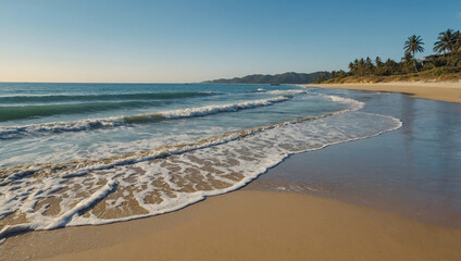 Golden sand beach with gentle waves lapping at the shore and a clear blue ocean.