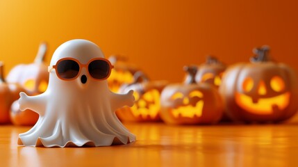 Trendy White Ghost with Sunglasses and Carved Pumpkins on Orange Studio Background, Creating a Vibrant and Cheerful Halloween Atmosphere