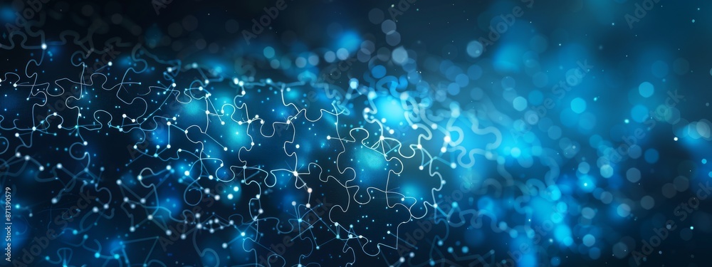 Wall mural abstract digital puzzle background with glowing blue lights and bokeh effect