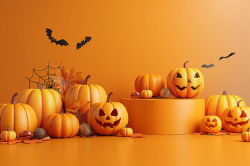 A Halloween scene with pumpkins and bats