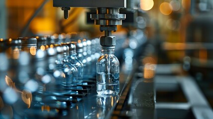 Close-up of a sleek automatic filling machine pouring liquid into plastic bottles on a production line, industrial manufacturing at its finest