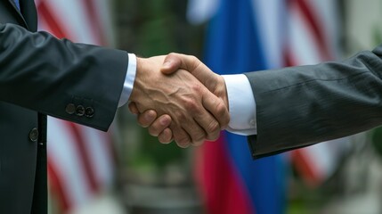 Handshake of presidents against the background of flags, congress and satisfied politicians.