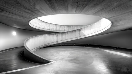 A spiral shaped parking garage with a large circular opening