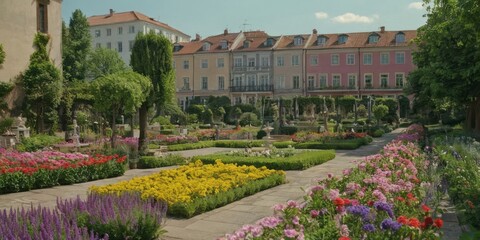 Obraz premium A picturesque garden with colorful flowers and manicured lawns, situated in front of a row of historic buildings