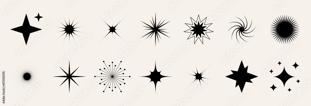 Poster blinking stars, sparks and sparkles set. shining twinkle shapes collection. magic light flare pack f