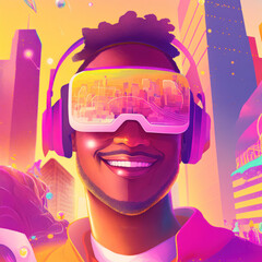 illustrated portrait of Black man in the city with VR headset