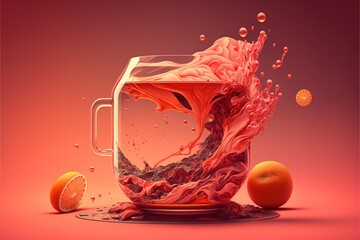 pink juice splashes in glass with oranges