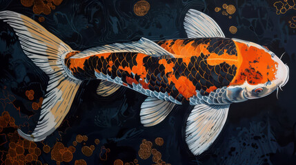 Closeup of a single koi fish with intricate patterns, swimming gracefully, emphasizing the unique beauty and details of the fish