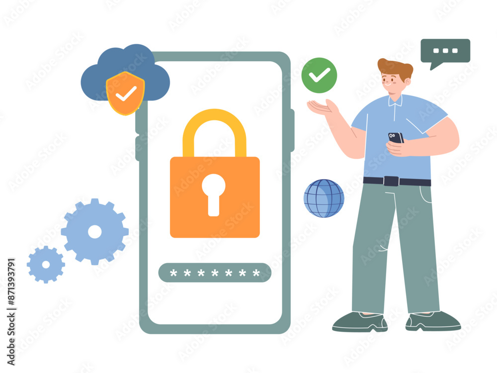 Poster mobile phone security screen with access locked padlock password and man standing explain cyber secu
