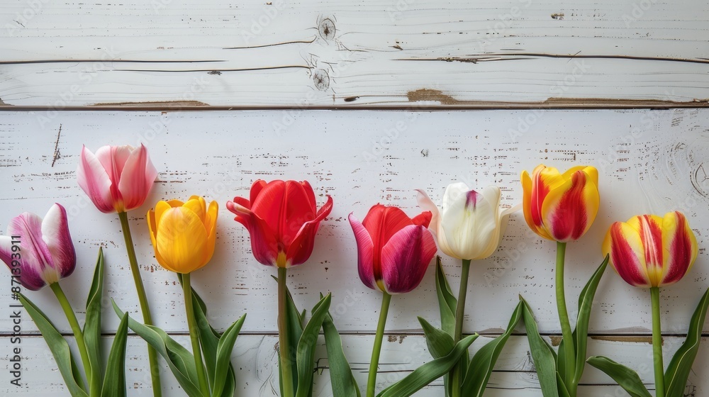 Poster selective focus on colorful tulips against white wooden background