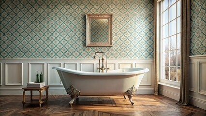 Classic vintage bathroom featuring a clawfoot tub and retro patterns , retro, vintage, bathroom, clawfoot tub, antique