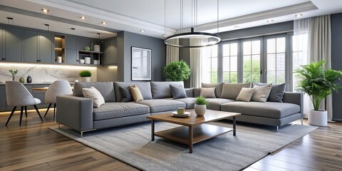 Fototapeta premium Modern gray living room with open concept layout, comfortable seating, and a neutral palette