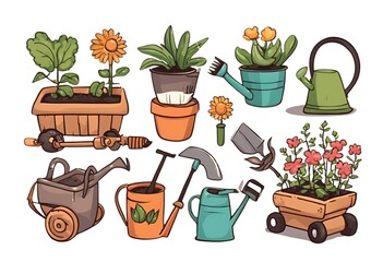 Fototapeta premium Gardening tools for planting, cultivating, and maintaining your garden.Cartoon Abstract art. 
