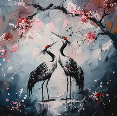 couple majestic crane birds under the crown of a unique large cherry blossom tree, lots of detailed leaves, more flowers, more cherry blossom, more branches, fuller tree crown © Eva