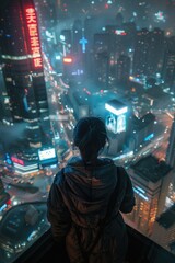 Obraz premium Person standing on rooftop overlooking city