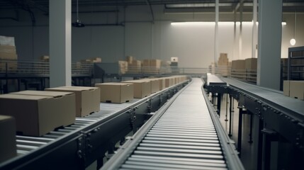 Conveyor belt moving boxes in a modern factory