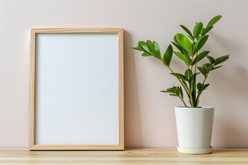 Minimalist wooden frame with white blank space next to a potted plant on a wooden surface against a light pink wall.