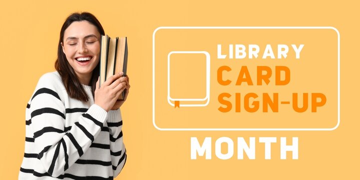 Young happy woman with books on yellow background. Banner for Library Card Sign-up Month