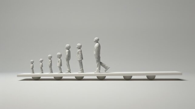 Monochrome depiction of human evolution, showing a sequence of figures progressing from child to adult on a platform.