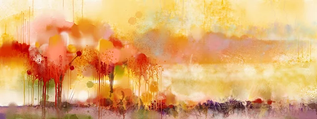 Fototapete Tiefes Orange Abstract watercolor painting landscape. Hand paint colorful red and yellow tree. Illustration landscape nature background. Contemporary water color art on texture paper for wallpaper background  © nongkran_ch