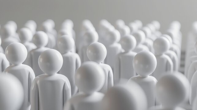 Abstract image of many white figures representing people in a crowd. Concept of population, community, or group dynamics.