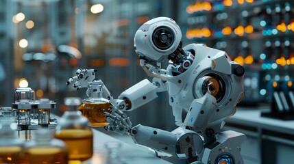 Fototapeta premium High-tech robotic apparatus in a laboratory setting, performing complex chemical experiments, precise and detailed, futuristic technology