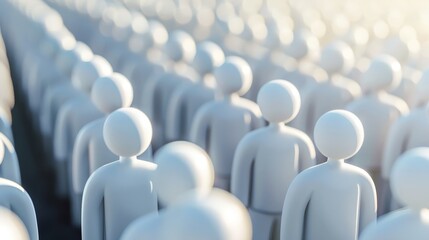 Obraz premium Abstract image of numerous white 3D human figures standing in rows, symbolizing crowd, unity, and population.