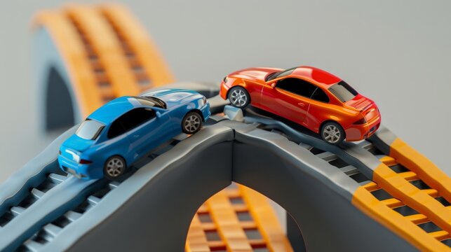 Two cars on a collision course at the peak of a curved bridge on a toy racing track, showcasing vehicle interaction and energy.