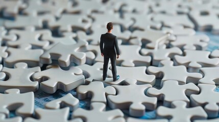 Miniature businessman stands amidst scattered puzzle pieces, symbolizing finding solutions, challenges, and problem-solving.