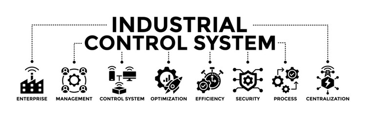 Industrial control system banner web icon with glyph style icon of enterprise, management, control system, optimization, efficiency, security, process, and centralization