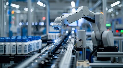 Fototapeta premium Industrial setup with robotic arms handling containers, real-time dosage adjustments displayed on screens, innovative control systems