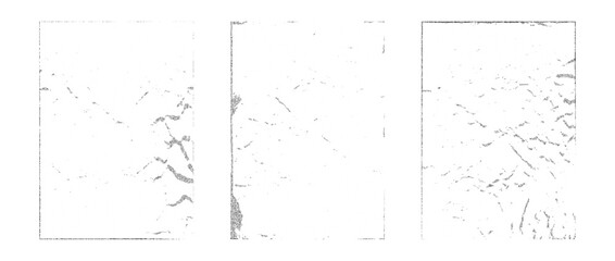 Stipple rough grunge collection. Aged pixelated texture paper overlay set. Dotted scratched crumpled background. Dirt grainy stippled backdrop for poster, vinyl cover, frame, banner. Vector pack