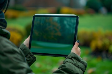 A woman holding a tablet in a park.