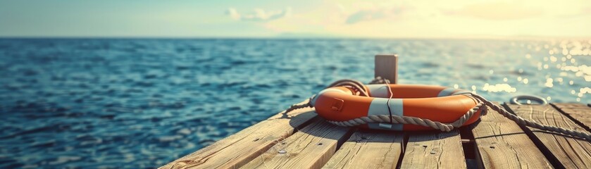 Fototapeta premium Lifesaver ring on wooden pier overlooking a calm sea with a sunset sky. A peaceful scene evoking safety and tranquility at the seaside.