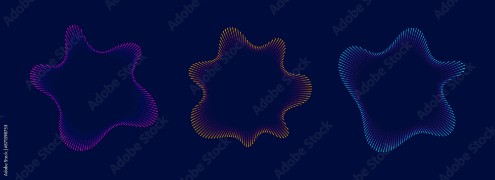 Poster colorful radial sound wave line pattern set. circular audio, music, voice icon collection. linear un
