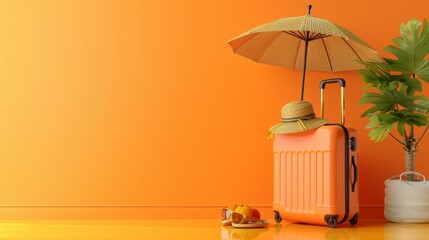 Naklejka premium Summer essentials suitcase, sun lounger, straw hat, sunglasses, umbrella on vibrant orange gradient