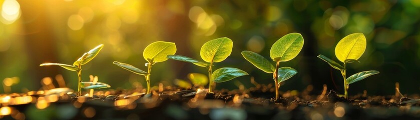 Row of young plant seedlings growing in soil with sunlight, representing new life and growth in nature.