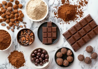 A Delicious Assortment of Cocoa Products on a Stylish Marble Countertop