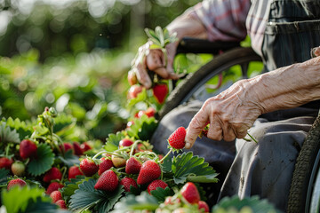 Disabled elderly person in a wheelchair picking strawberries in a field