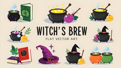 Magical and mysterious image depicting a witch's brew with bubbling cauldron, potions, and enchanting atmosphere. Perfect for Halloween and fantasy-themed designs.