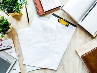 A desk with various office supplies and papers.