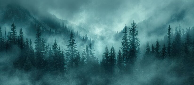 Misty mystical forest view of dead pine trees in the mountains