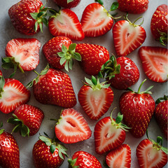 Freshly cut strawberries on a white background