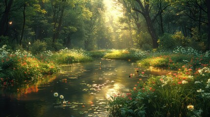 Obraz premium Bright summer day, lush green forest, sunlight filtering through leaves, serene river flowing, wildflowers blooming, butterflies fluttering, peaceful atmosphere, high-resolution, vibrant colors,