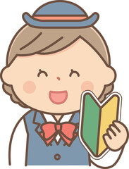 初心者マークを持ったガイドの女性